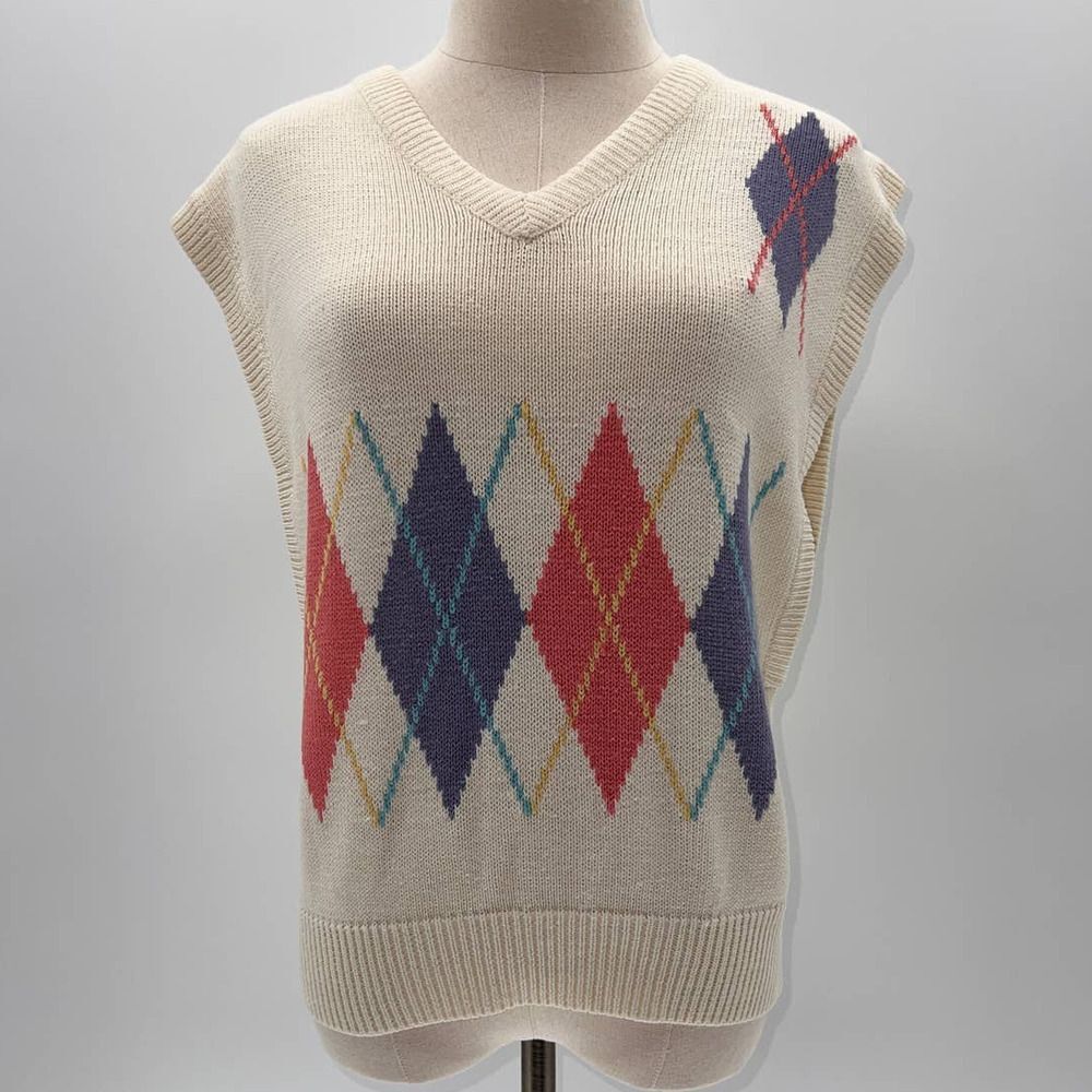 Vintage Inner Visions Cream/ Multicolored Argyle V-Neck Sweater Vest- M